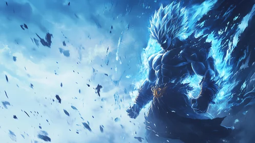 Blue energy warrior ignites storm of shattered sky shards.