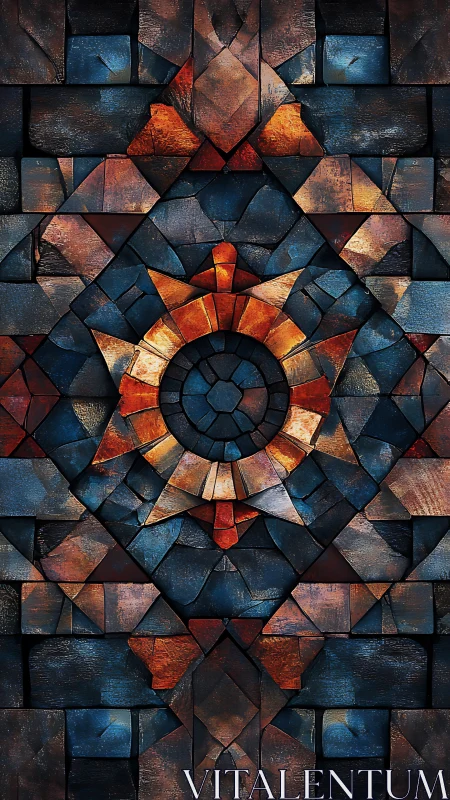 Glowing geometric sunburst set in rustic mosaic stone.