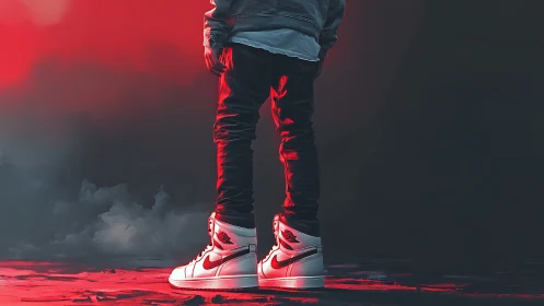 Backlit streetwear figure stands in cinematic red haze glow