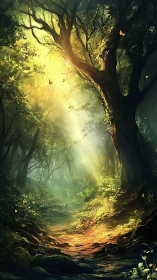 Enchanted Forest Path Bathed in Golden Light.