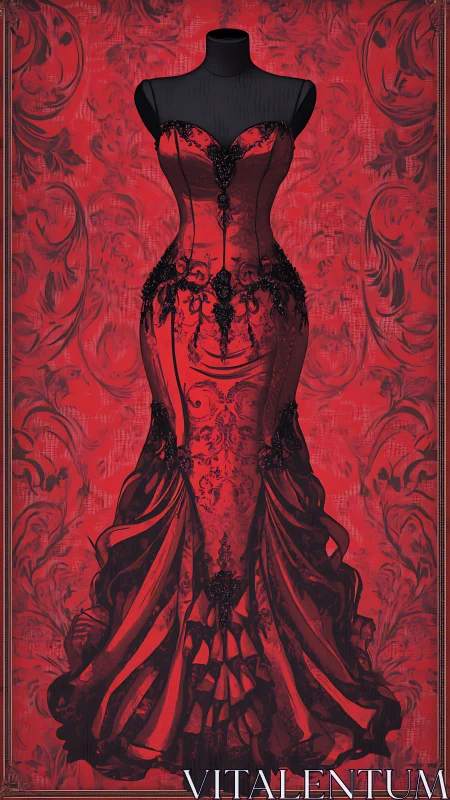 Crimson lace mermaid evening gown on mannequin display.