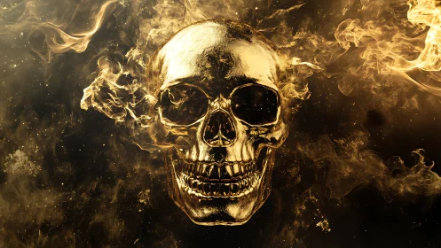 Gilded skull drifting through molten smoke and cosmic ash.
