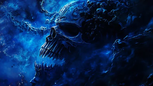 Cosmic Necro-Skull Construct in Deep Blue Digital Painting.