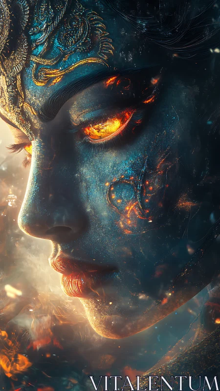 Celestial ember-eyed goddess gazes through molten starlight