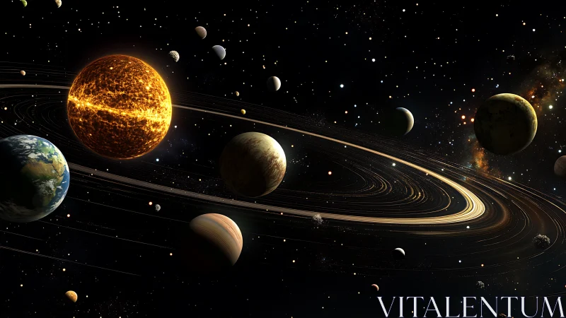 Solar system style planetary orbits with luminous central star.