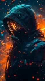 Hooded figure in reflective helmet amid orange sparks.