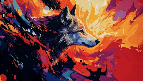 Vivid wolf profile in molten abstract chromatic flames.