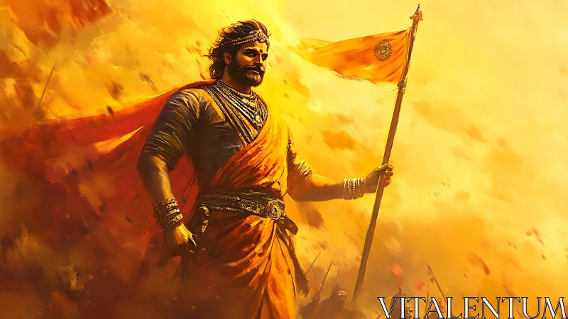 Warrior king strides through golden battle haze, flag raised.