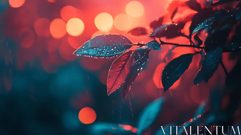 Macro foliage in teal and crimson bokeh rainfield study.