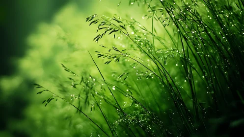 Dewlit green grass blades curve through soft morning bokeh.