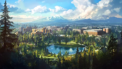 Mountain city parkland with lake, trees, and campus buildings.