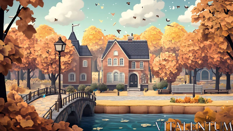 Golden autumn neighborhood by a quiet riverside bridge.