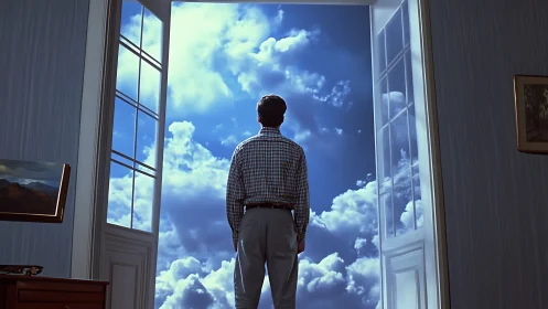 Photoreal interior portal opening to expansive sky vista.