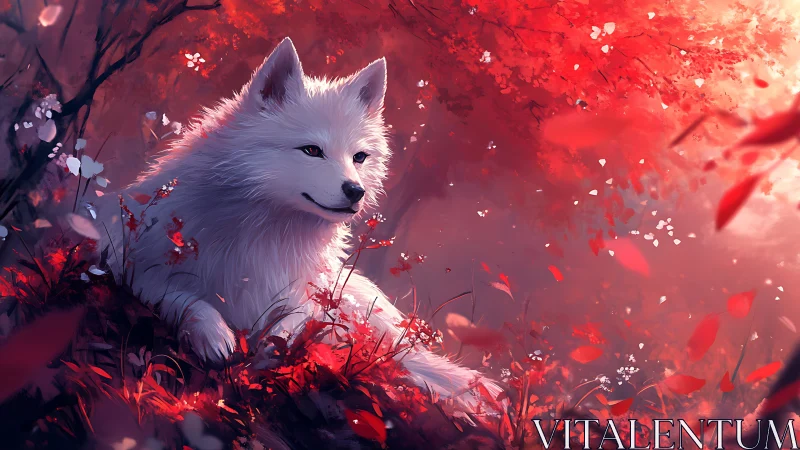 White fox resting under luminous crimson forest canopy.