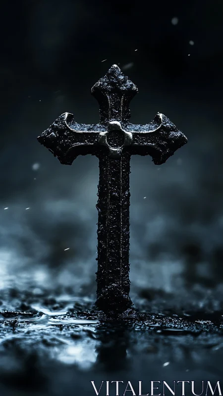 Storm-soaked iron cross rises from silvered midnight rain.