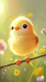 Backlit fluffy chick on branch in soft-focus spring meadow