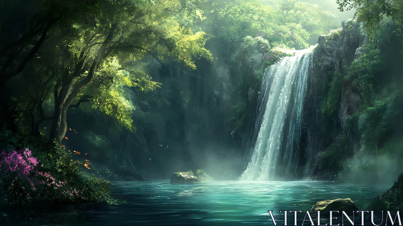 Lush forest waterfall pouring into calm turquoise pool.