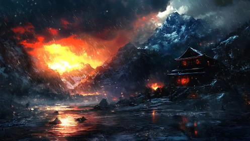 Volcanic eruption illuminates Asian temple amid raging storm.