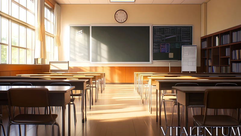 Sunlit classroom waiting for the next curious minds.