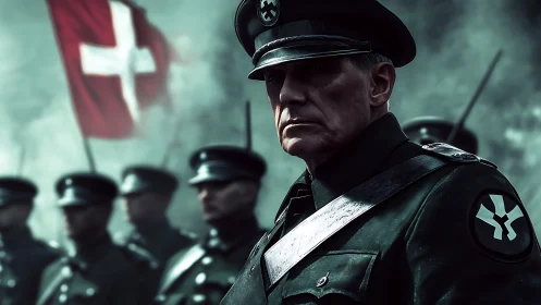 Steel gaze carves through marching ranks in stormy smoke