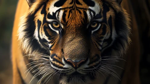 Intense tiger portrait under low key directional lighting focus.