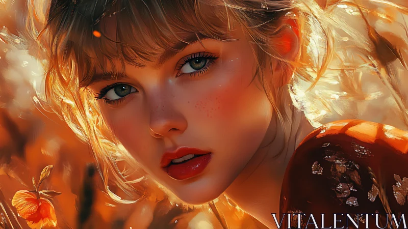 Autumn-lit portrait of freckled woman in warm glow.