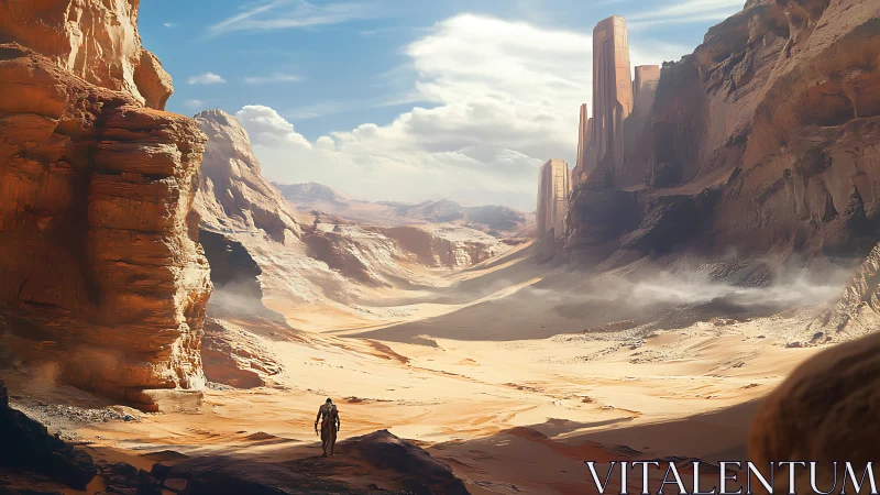 Lone explorer crosses colossal sandstone desert canyon.