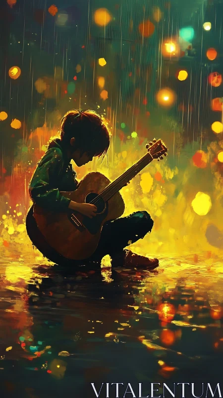 Backlit child guitarist kneels in reflective rain-soaked street