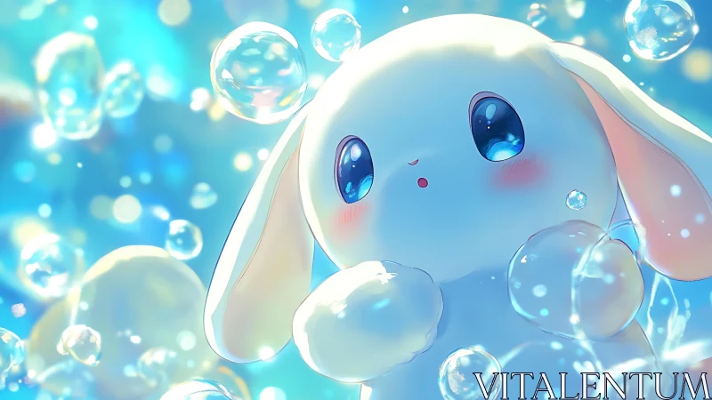 White cartoon rabbit surrounded by floating bubbles in water.