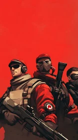 Tactical strike team in red gear against bold field.