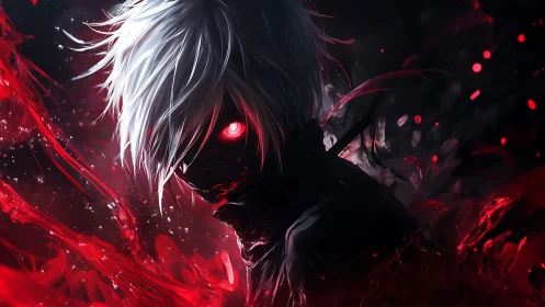 White haired figure with glowing red eye framed by red streaks