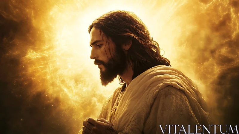 Portrait of bearded robed man in radiant golden halo light.