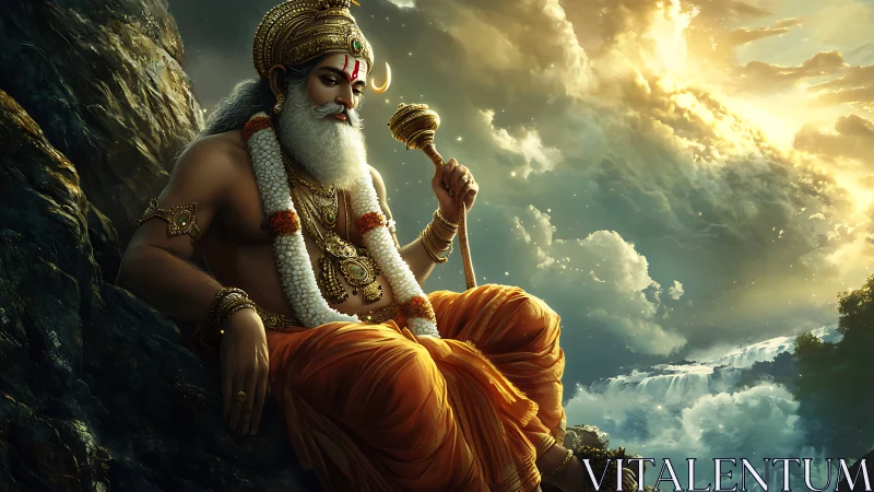 Regal sage with mace resting above radiant waterfalls.