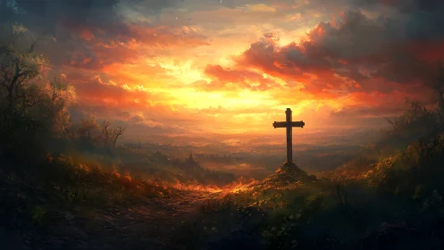 Sunset cross above valley under luminous storm sky.