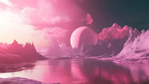 Dreamy pink alien seascape under a rising pastel planet.