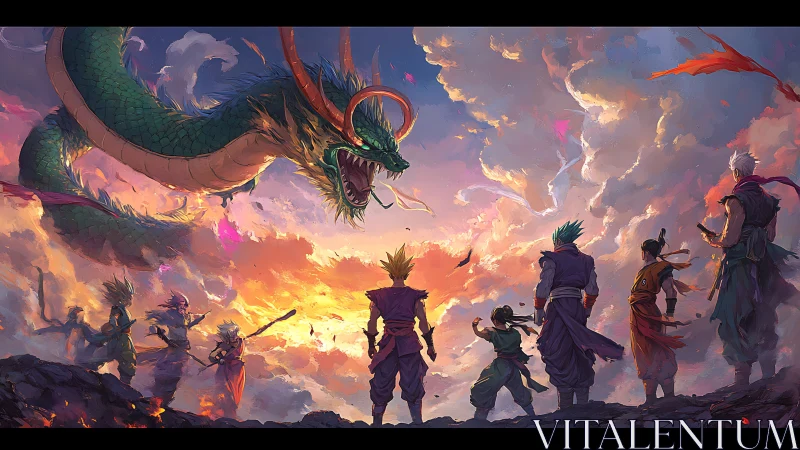 Heroic warriors confront celestial dragon in vibrant sky tableau
