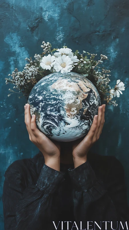 Planet crowned in wildflowers cradled by hidden dreamer.