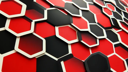 Layered red and black hexagonal tiles create dynamic depth