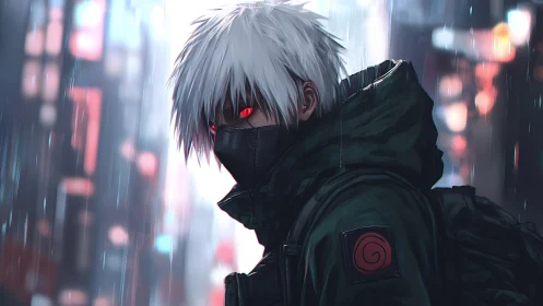 Masked white-haired operative with red cybernetic eyes in rain-soaked city