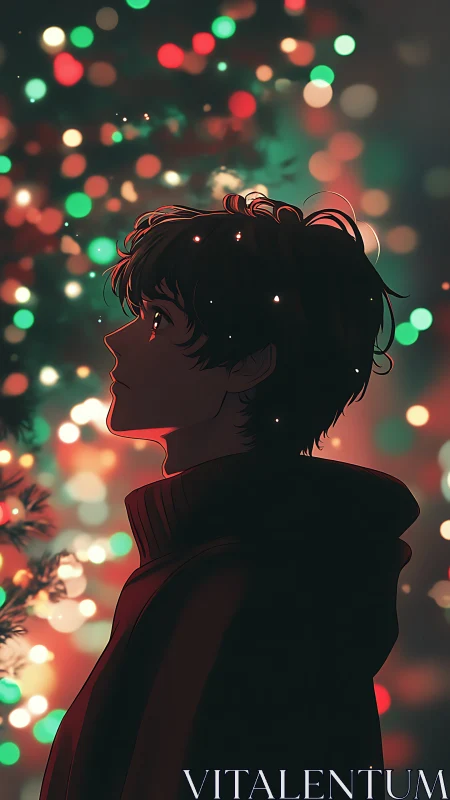 Side-profile youth amid defocused festive bokeh lights at night