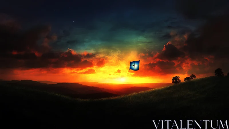 Windows logo hovering over vivid digital sunset landscape.