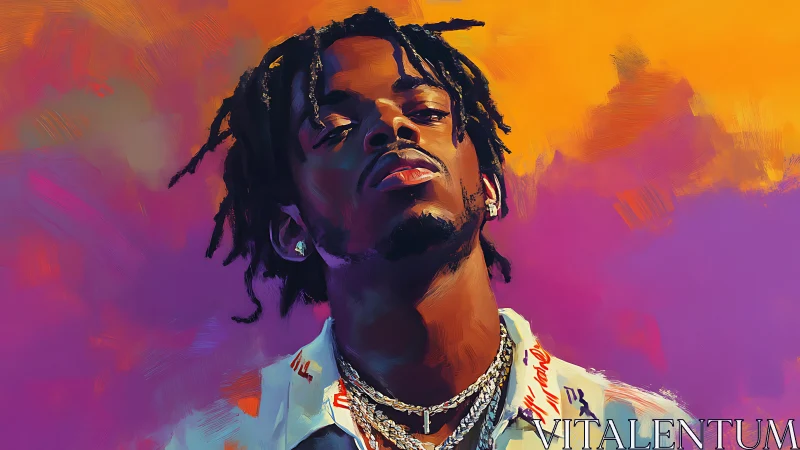 Confident portrait of man in chains against vivid backdrop.