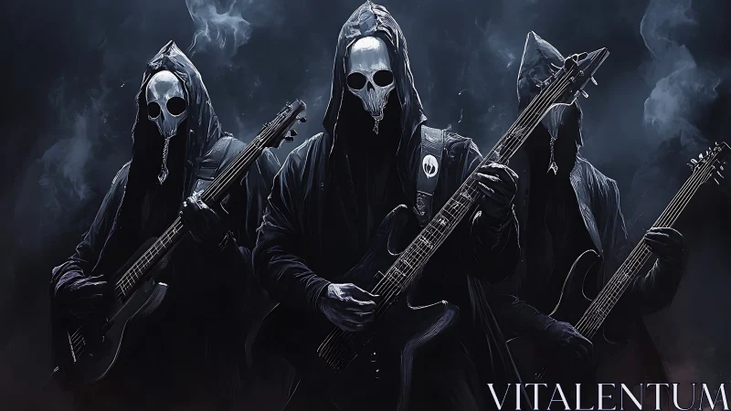 Hooded skull guitarists perform heavy metal on dark stage