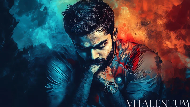 Brooding male portrait amid blue and orange energy storm.