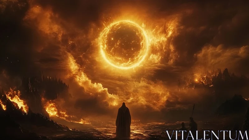 Cloaked figures watch burning sky with central fiery ring.