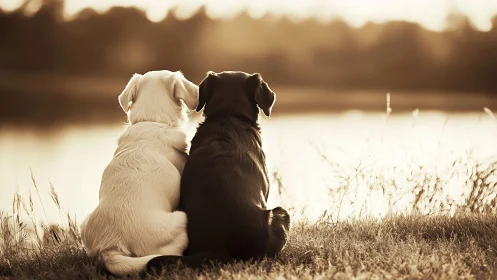 Two Dogs Gazing at Water in Golden Light.