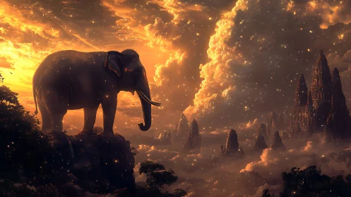 Golden elephant overlooks luminous celestial spire realm.