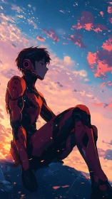 Sunset-streaked mecha pilot pauses between battles and dreams
