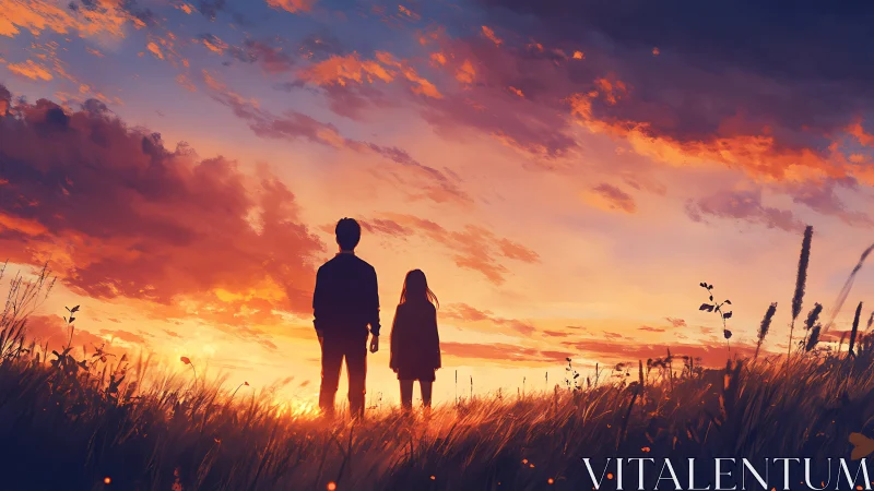 Silhouetted figures study stratified sunset sky over windblown field