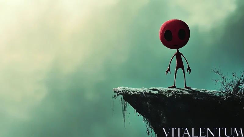 Red void-eyed figure on eroded cliff in misty voidscape.